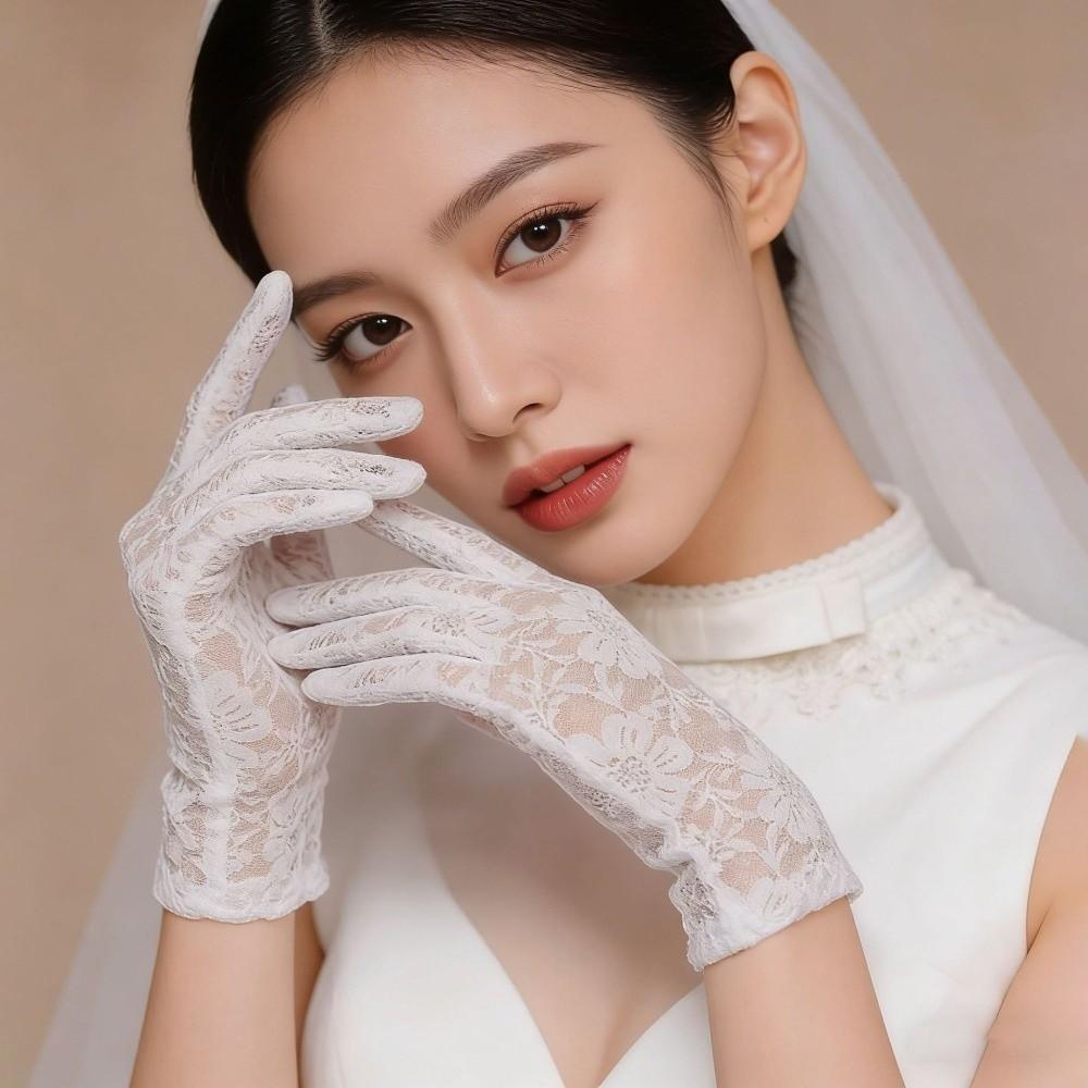 Solid Color Lace Short Gloves High Elasticity Bridal Gloves Elegant Sun Protection Gloves Outdoor