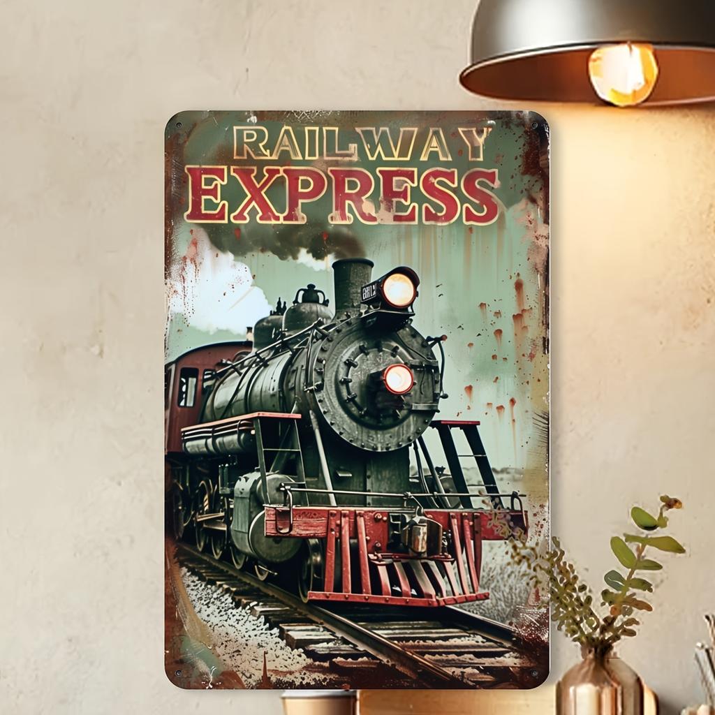 Creative Vintage Train Metal Tin Sign, Iron Scratchboard Railway Express Wall Art, Retro Hanging Decor for Indoor/Outdoor, Home,