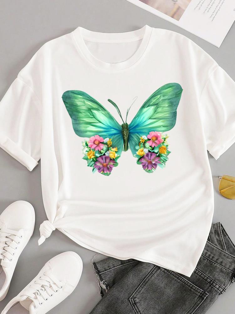 (Asian Size) sweet flower feather Short Sleeve T-shirts Women's Top T Female Print  Fashion O-neck Casual Clothing  Graphic Tee