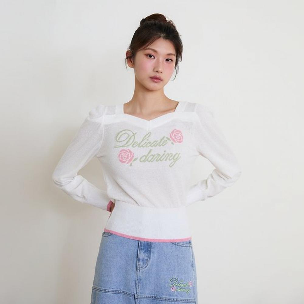 Egoist Rose Lettering Contrast Heart Neck Knit Top Es2okl02 