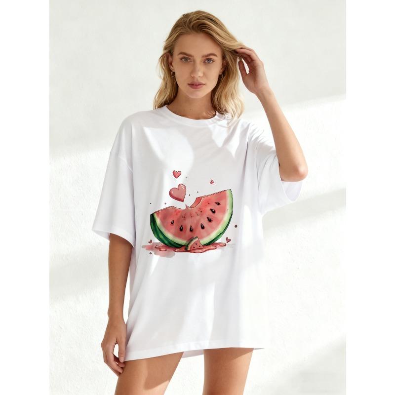 Oversized T Shirt Black Watermelon Slice With Hearts Print Summer Casual Wear