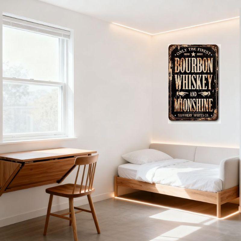 Vintage Southern Moonshine Bourbon Whiskey Metal Tin Sign, Distressed Black Background with White Text, Ornate Border, Man Cave