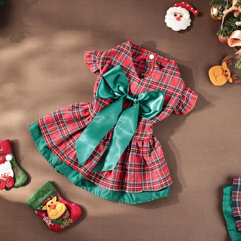 Dog Dress Pet Classic Plaid Skirt Kittens Puppies Dress Cute Little Flying Sleeves Bow Party Princess Dress New Year's Christmas