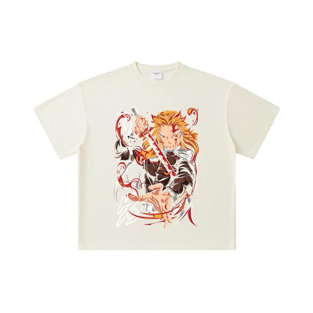 260 GSM Double Yarn 32 Count 100% Cotton Demon Slayer V85 Rengoku Print Unisex Heavy Cotton T Shirt