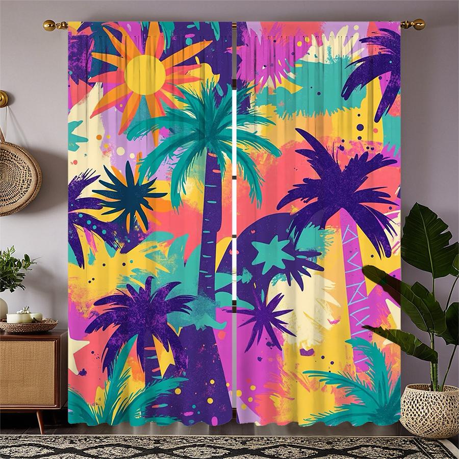 Beach Coconut Tree Pattern Printed Curtains Pole Bag Christmas Decorations Daily Home Room Curtain Polyester