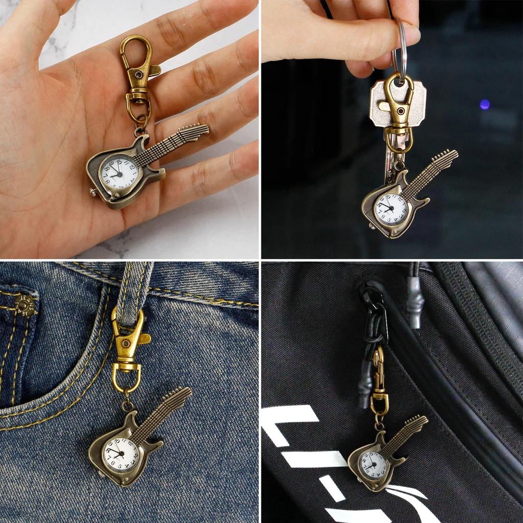 10 Stück/Los Großhandel Gitarren-Design Kleine Niedliche Quarz-Taschenuhr - Geschenk für Kinder, Vintage Schlüsselanhänger Anhänger Uhr, Exquisites Geschenk