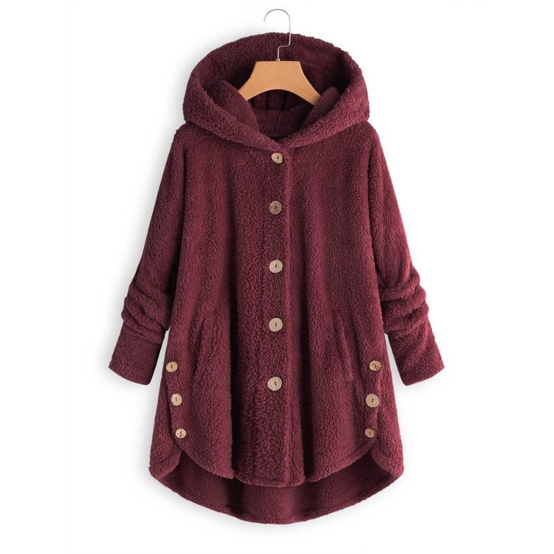 Cappotto da donna con bottoni, giacca con cappuccio in peluche a tinta unita