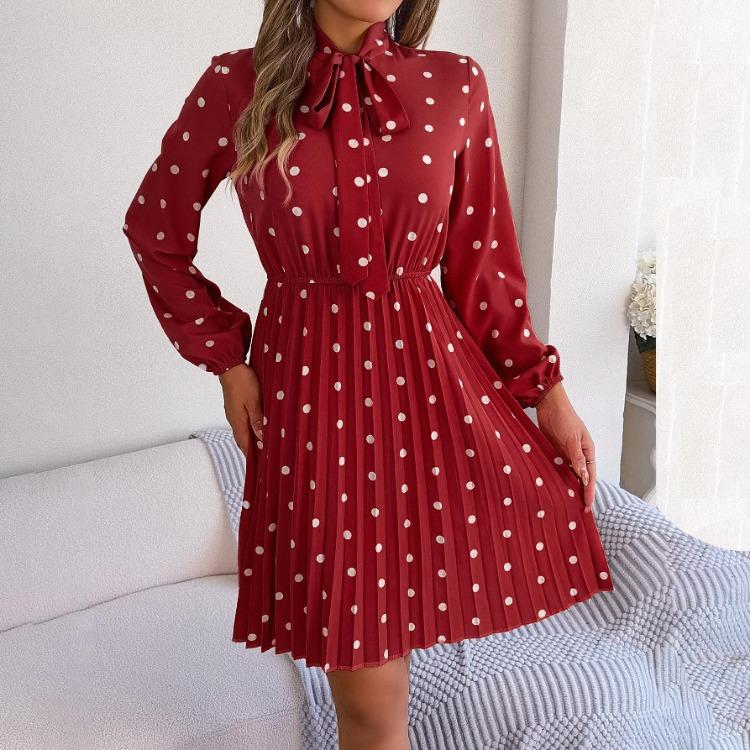 High Waist Women's Long Sleeve Dress Lace Up Pleated Dot Temperament Autumn Winter