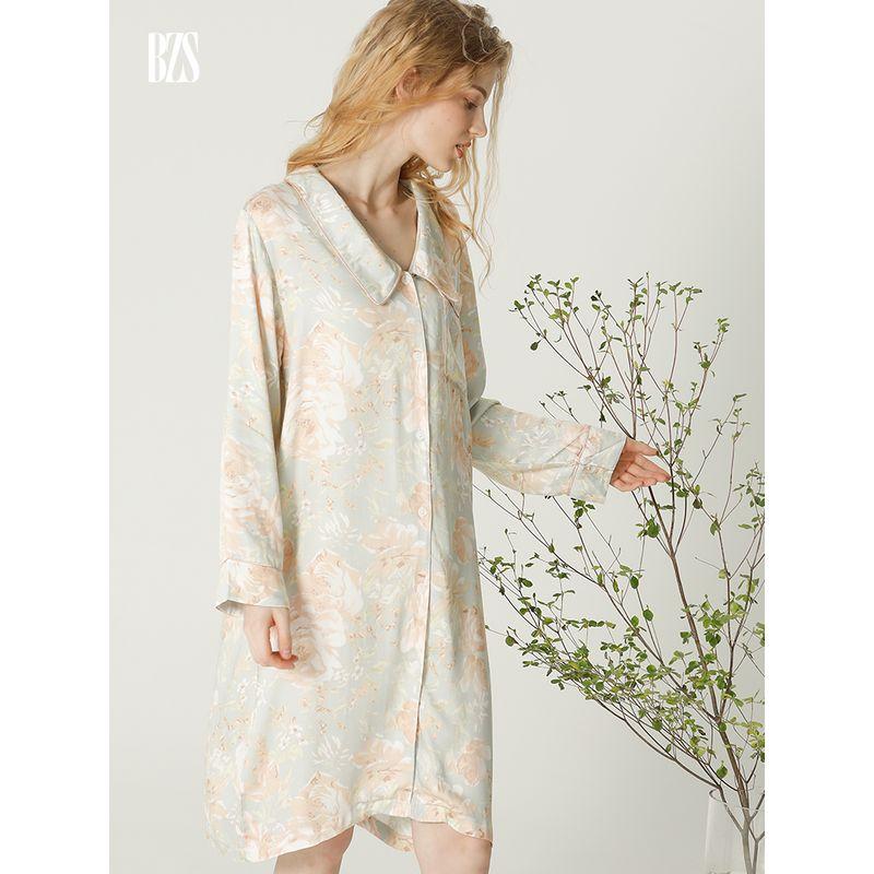 2024 Summer New French style V-neck Sweet Print Tribute Satin Cotton Silk Comfortable Home Wear Pajamas Women's Long-Sleeved Nightdress