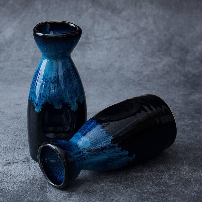 Japanisches Keramik-Sake-Set Mit Blauer Tenmoku-Glasur 14 Leichter Luxus Retro-Stil Lebensmittelecht A-Qualitäts-Porzellan