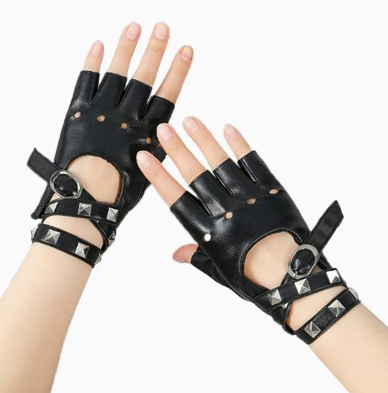 Unisex Fingerless Driving PU Leather Gloves Motor Cool Rivet Sexy Disco Dancing Rock and Roll Black Red White Punk Gloves