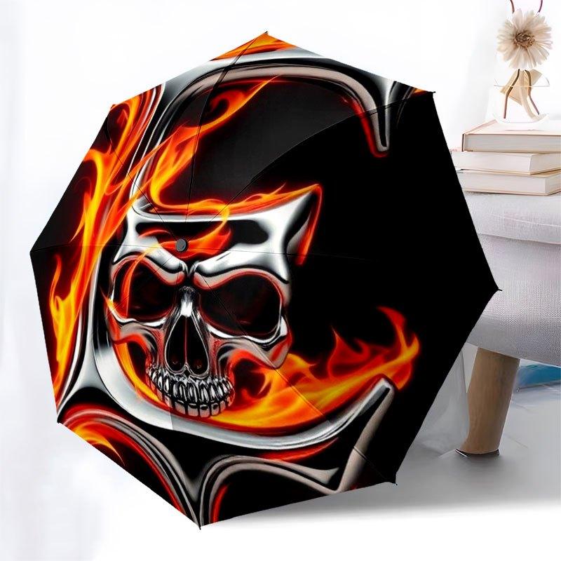 Flaming Skull Metal Wall Art DecorUmbrella with Cute Design,Portable 3-Fold Compact Umbrella for Men&Women,Valentine's Day Mother's Day Hall