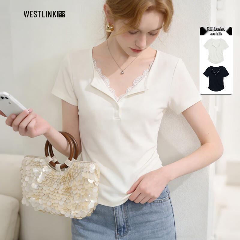 Westlink Women s Lace Splice Faux Two-Piece Pleated Short Sleeve T-Shirt M