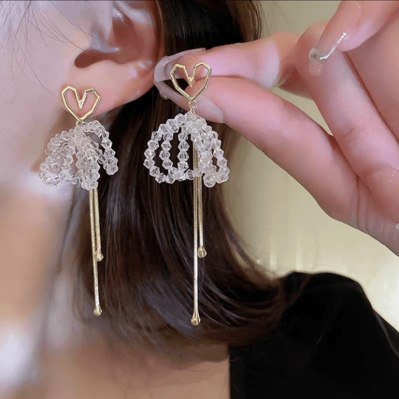 2023 Trendy Heart Tassel Rhinestone Earrings - Japanese Korean Style for Face Shaping