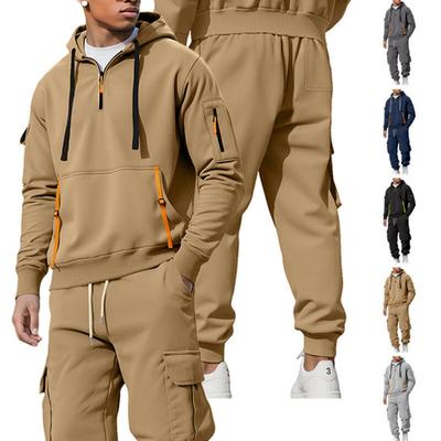 New, Autumn/Winter, Men's, Velvet Hoodie, Fashion, Hoodie, Zipper, Multi Pocket, Work Pants Set