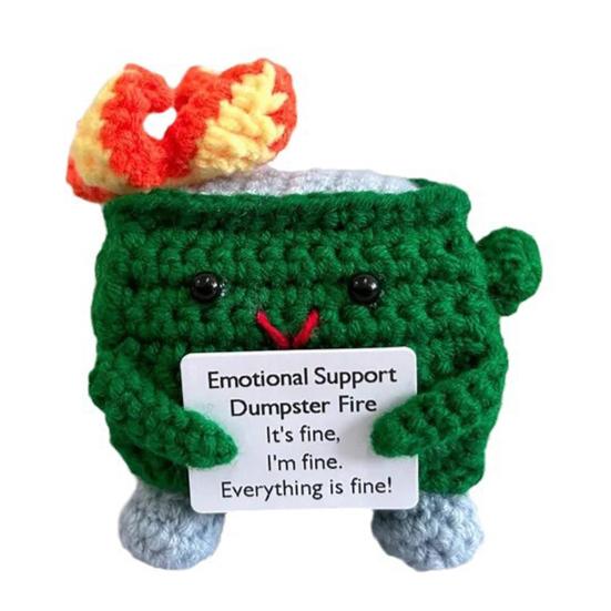 Crocheted Dumpster Plush Doll Emotional Support Gift Handmade Crochet Trash Can Flaming Trash Can Knitting Doll Funny Desk Decor