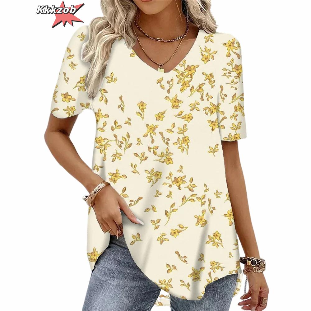 

Женская футболка с абстрактным цветочным рисунком, летняя повседневная свободная футболка с графическим принтом и V-образным вырезом, базовый топ, модная одежда больших размеров с 3D-принтом 5XL