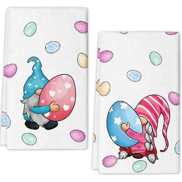 Easter Kitchen Towel 18"x26" Gnome Holding Easter Egg Buffalo Check Plaid Dish Towels Spring Home Kitchen Decor Hand Towels Set of 2