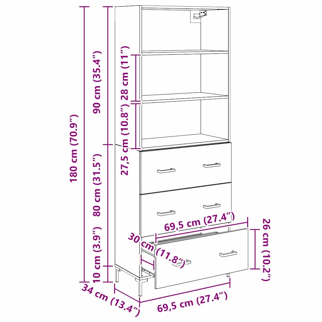 Highboard in Black Oak Look 69.5 x 34 x 180 cm Engineered Wood