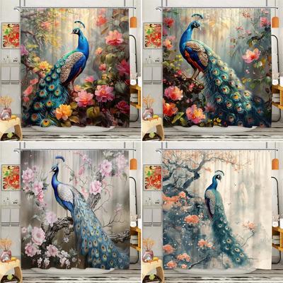 Peacock Shower Curtain Tropical Plant Flower Leaf Landscape Vintage Oil Painting Elegant Polyester Fabric Bathroom Decor Curtain