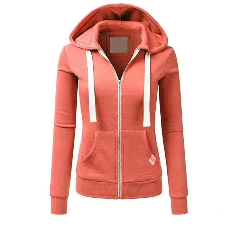 Women's Casual Solid Color Sports Hooded Zipper Jacket Sweatshirt Cardigan Top