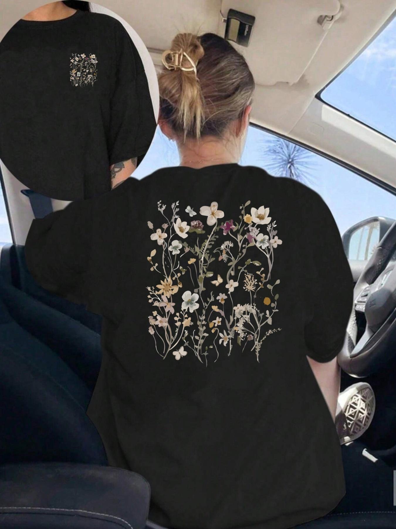 Женская футболка с цветочным и растительным принтом спереди и сзади, круглый вырез, короткий рукав, мягкая, дышащая, повседневная, для любого сезона S чёрный