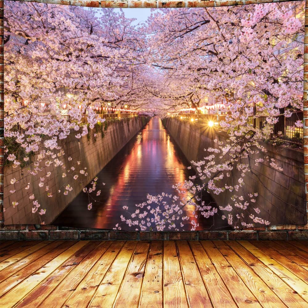 Sakura Tapestry Pink Japanese Cherry Blossoms Tapestries Spring Sunset Landscape Tapestry Wall Hanging for Bedroom Decoration