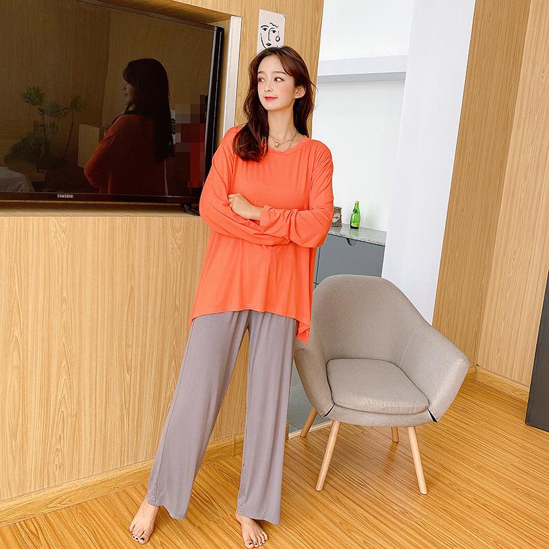 Plus Size Color-contrast Modal 2pcs Homewear Set Long Sleeve Tshirts and Wide Leg Pants Women Loose Pajamas Sets Streetwear Comfort Clothing