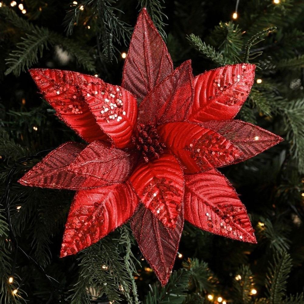 Glitter Artificial Poinsettia Flower 29CM Simulation Flowers Sequins Flower Christmas Decoration