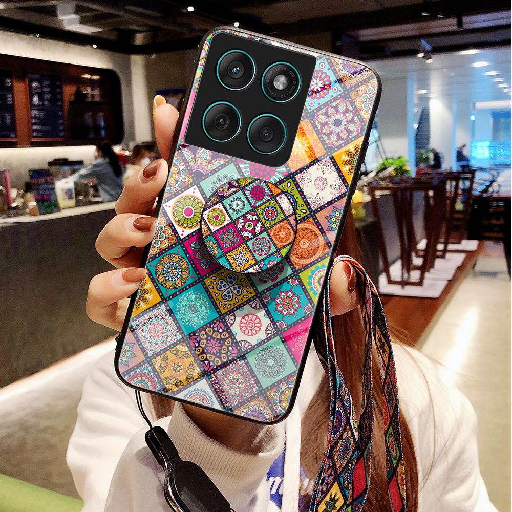 For Motorola Edge 60 Fusion 5G/Edge 60 5G Case Kickstand Ethnic Pattern Tempered Glass Phone Cover with Strap