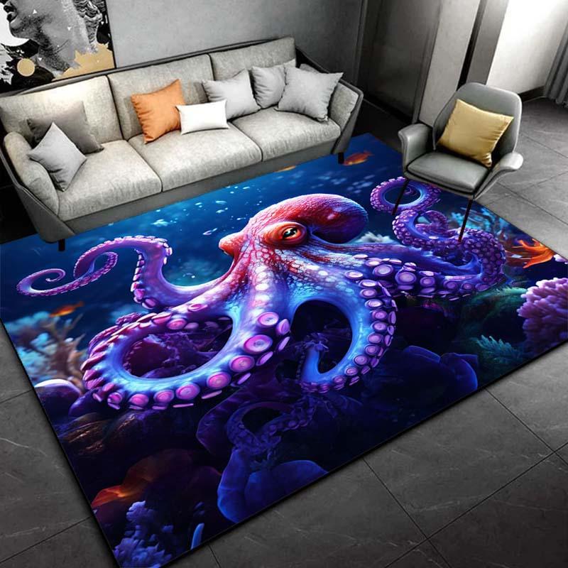 Vibrant Octopus Rug for Living Room Decor - Unique Marine Life Artwork, Ocean-Themed Home Accessories Skid Resistant Carpet