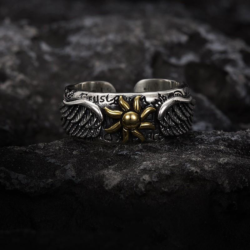 Adjustable Open Ring Men Women Sterling Sunflower Geometric Design Vintage Style Minimalist Jewelry