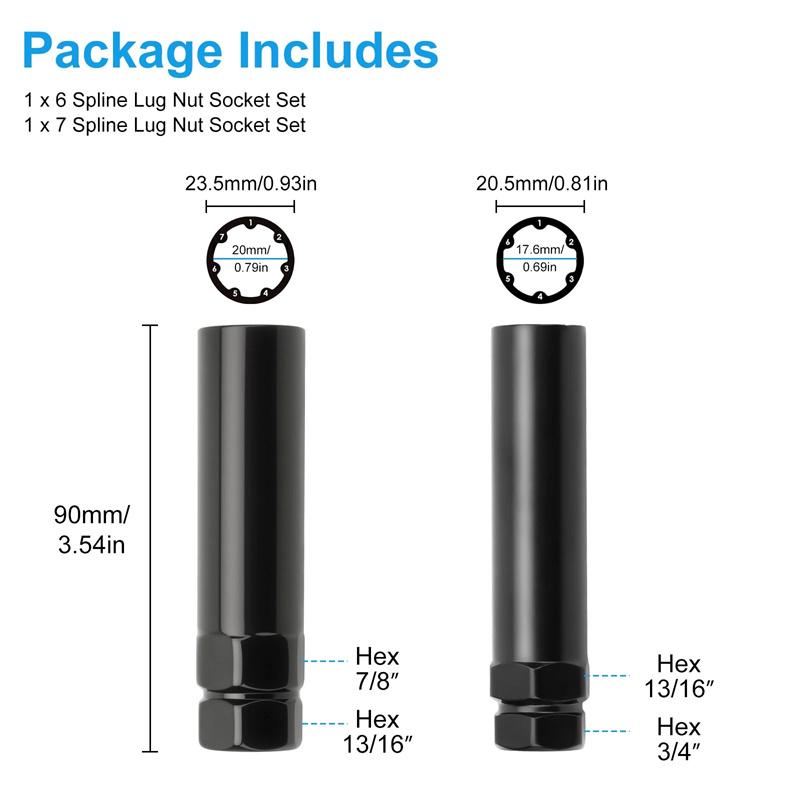 

Маленькие 6-шлицевые и 7-шлицевые головки Ключ-вороток для гаек крепления колес с aftermarket гайками 14X1.5, 14X2.0, 12X1.5, 12X1.25 чёрный