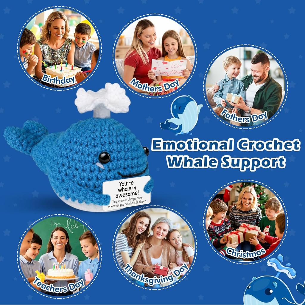 Funny Crochet Emotional Support Whale Gifts Desktop Ornament Handmade Knitted Whale Doll With Card Home Room Christmas Decor
