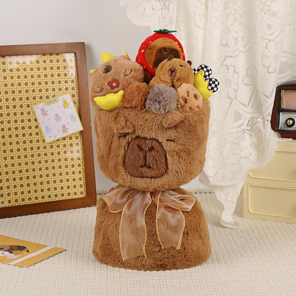 Capybara Plush Bouquet Cute Stuffed Toy Bucket Hug Gift for Birthday Holiday Room Decoration Romantic Surprise Present