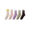Two-Layer Color Block Mid-Calf Socks, 5 Pack (Light, Coffee, Yellow-Green, Beige, Light Purple)