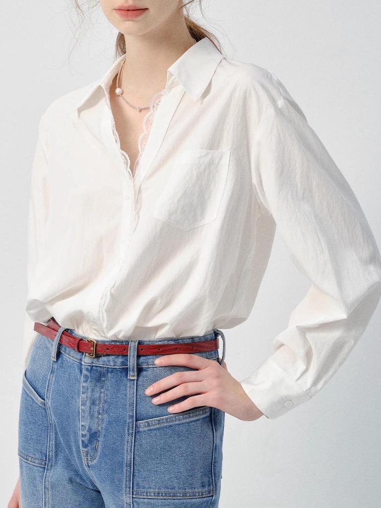 Women's VEGA Long Sleeve White Shirt - 2026 Spring Auroral Style with Lace Trim