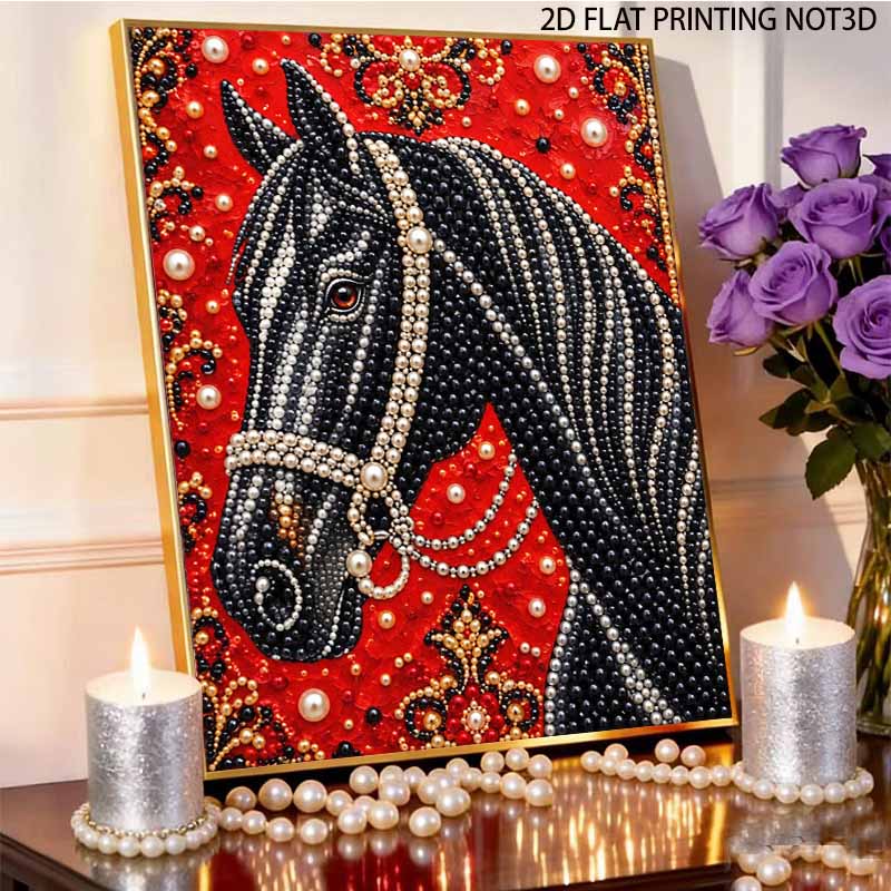 Sparkling Pearl Painting Kit with Frame Majestic Black Horse Portrait Bead Art Canvas Relaxing Craft Home Wall Decor Birthday Gift