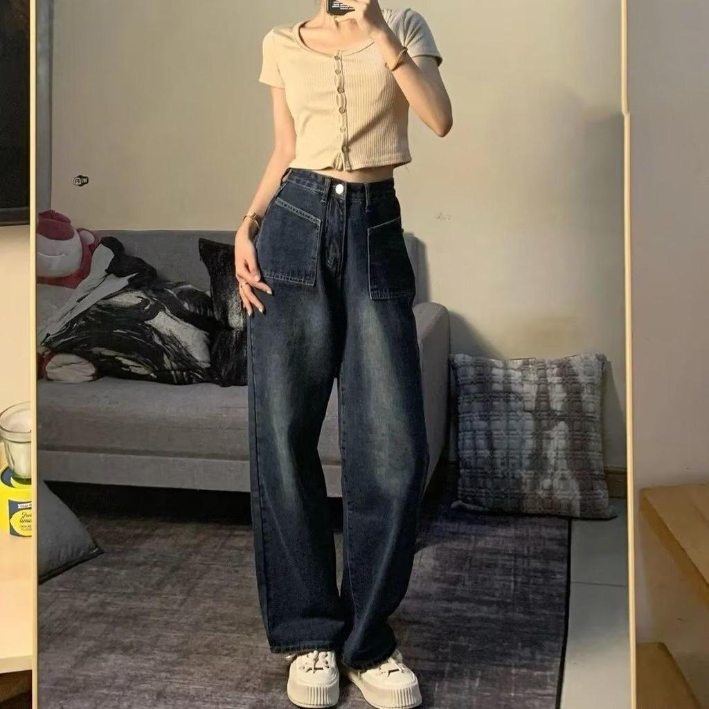 Women's High-Waist Blue Wide-Leg Jeans - Trendy Autumn Design, Slim Fit, Straight Drape Mopping Style