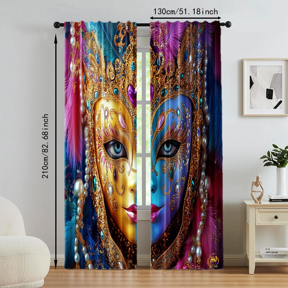 2 Pcs   Versatile Polyester Transparent Curtains for Home Decoration Venice Carnival Mask for Use In Bedrooms and Living Rooms
