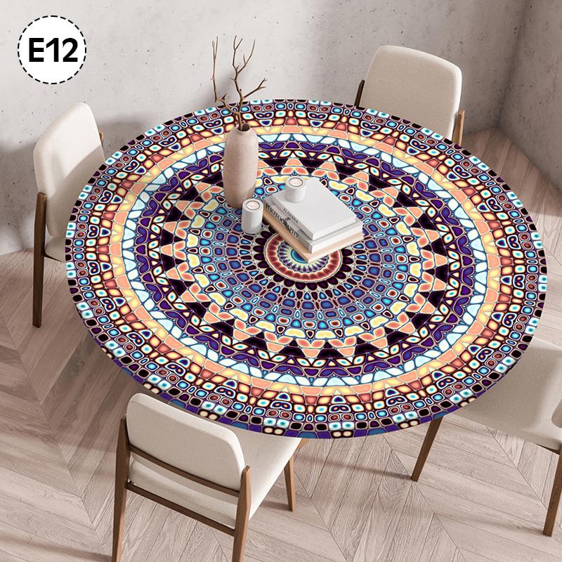Mandala-bedeckter runder Tischbezug, nicht waschbar, wasserdicht, ölabweisend, staubdicht, elastische böhmische Tischdecke für Heimdekoration