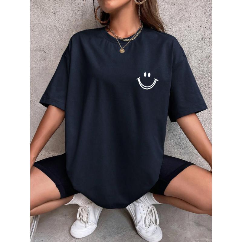Happy Expression Printed Womens Cotton Short Sleeve Street Hip Hop Tee Clothing All-math Breathable Tops Crewneck Woman T-Shirts