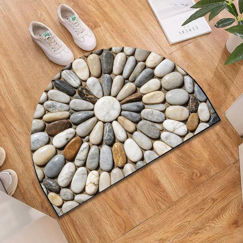 Neutral Natural Pebble Half Round Bath Mat, Non‑Slip Water Absorbent Minimalist Bathroom Floor Rug