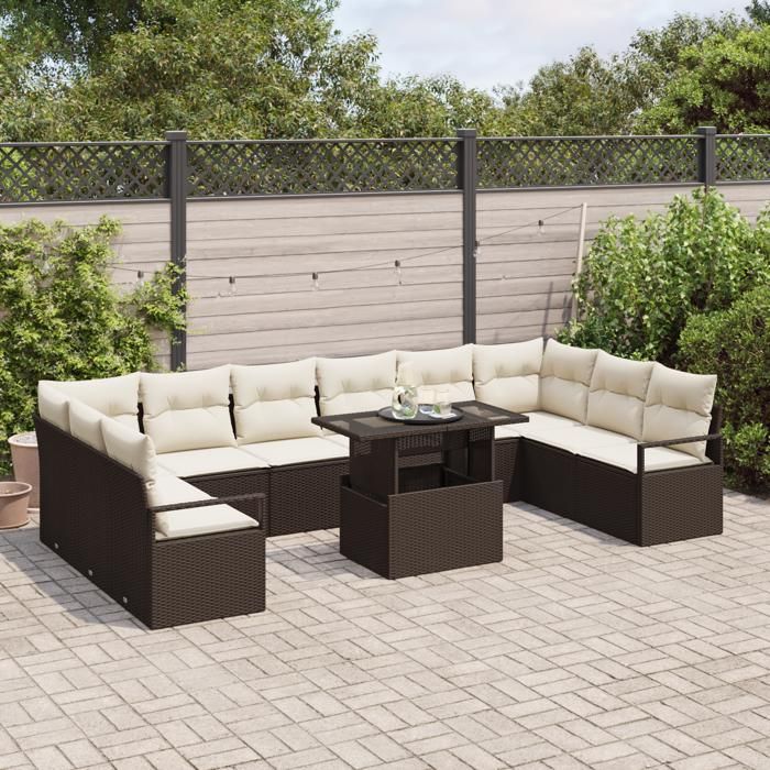 Canapés de Jardin 11 Pièces avec Coussins Marron Rattan Poly, Canapé de Jardin 2 Places avec Rangement & Coussins Marron 3357631