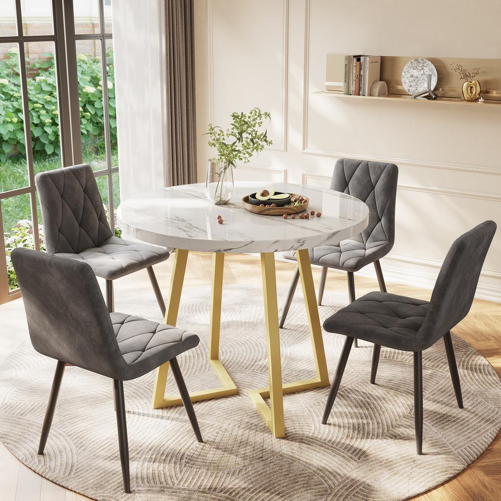 Round Dining Table (1 Piece), Unique Metal Frame, Dining Table with Modern Marble Pattern, Suitable for Dining Room, Living Room, White/Gold
