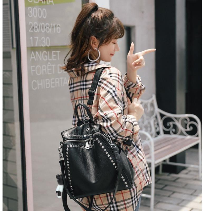 Luxury Women Genuine Leather Backpack Rivet Multifunctional Shoulder Bag Female Retro Travel Bag Teenage Girls Fashion Schoolbag