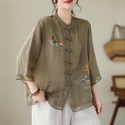 Cămașă Casual Femei Sosire Vară Stil chinezesc Vintage Broderie Lejer Confortabil Femei Basics Topuri Cămăși