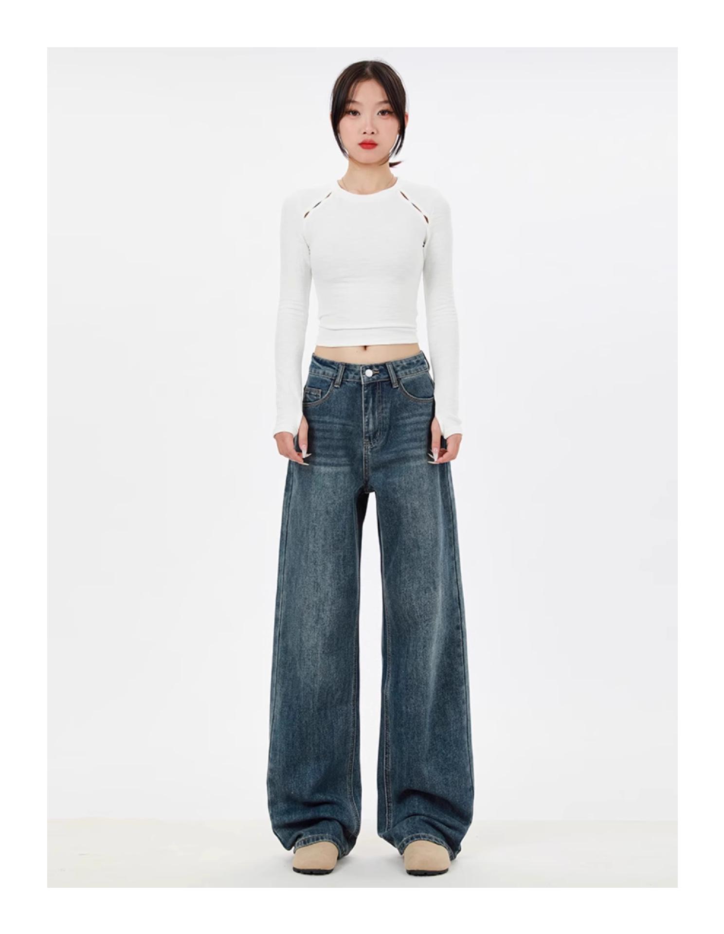 

Женские джинсы с высокой талией и широкими штанинами: 2025 Утягивающие Ретро Прямые Брюки в Пол для Осени/Зимы S темно-синий