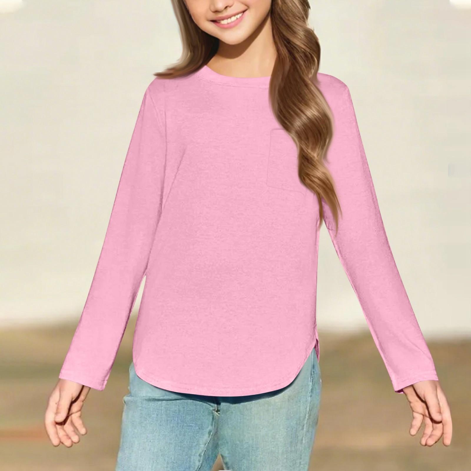 

Однотонний дитячий однотонний повсякденний топ з довгими рукавами та круглим вирізом 160 рожевий