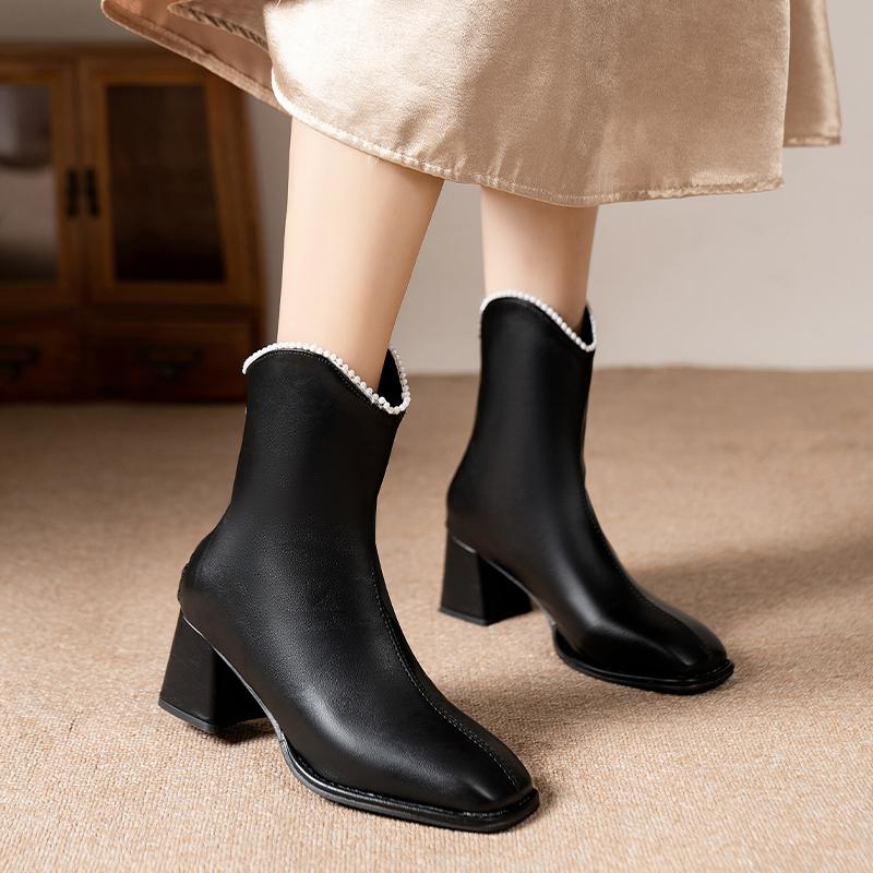 Beaded High Heels Ankle Boots Women Leather Shoes Brand Winter Chunky Fashion Shoes  Trend Classics Pumps Snow Botas Mujer